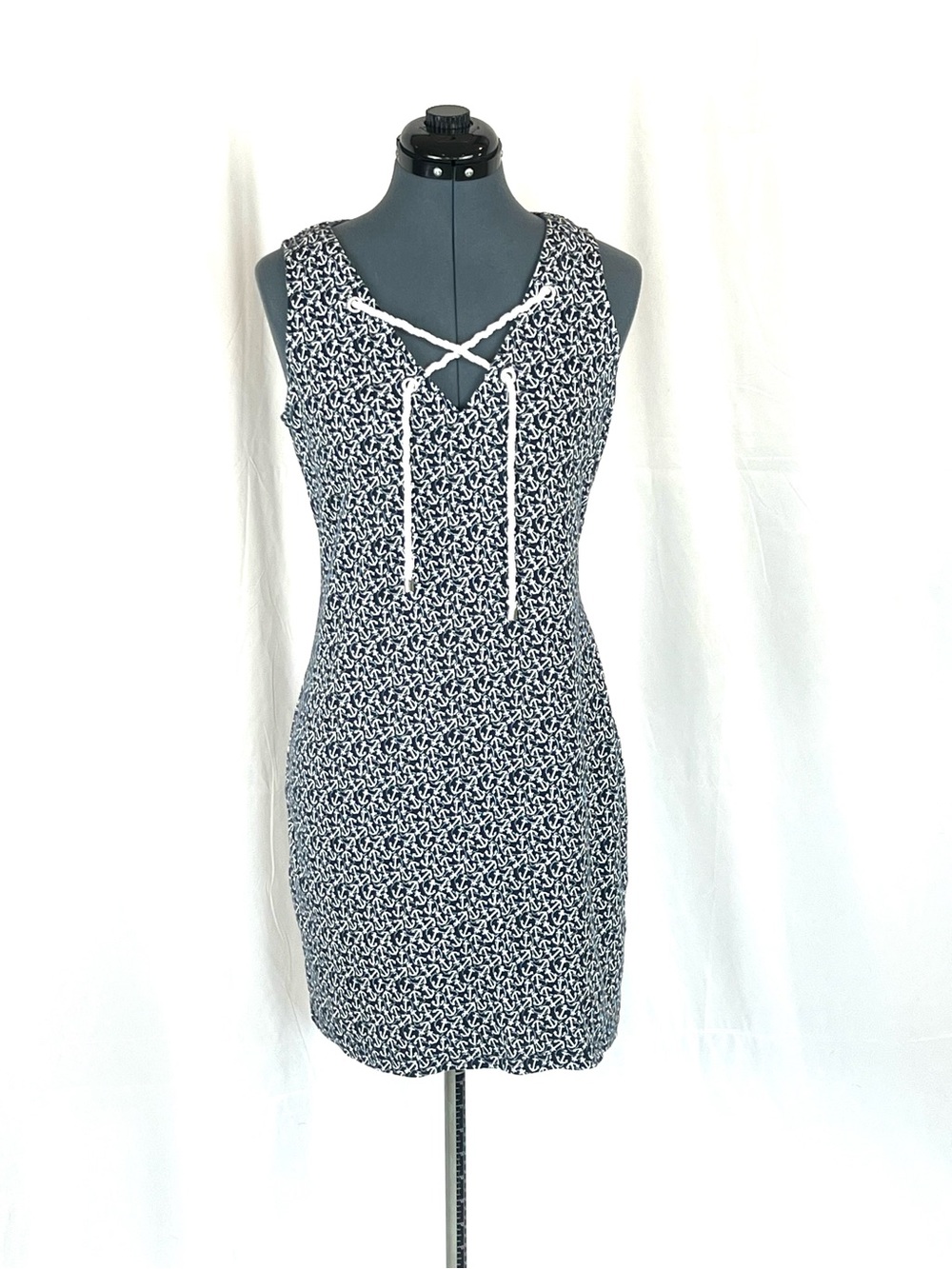 Nautical anchor print sleeveless cotton dress rope tie neck M 938
